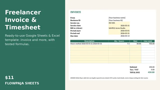 Freelancer Invoice & Timesheet: Google Sheets template cover