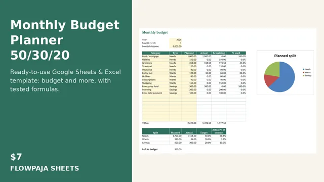 Monthly Budget Planner 50/30/20: Google Sheets template cover