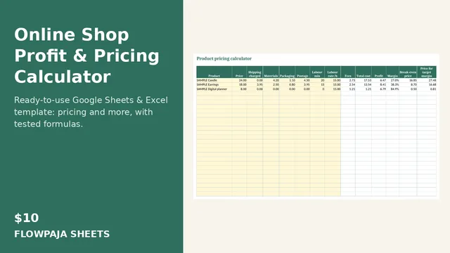 Online Shop Profit & Pricing Calculator: Google Sheets template cover