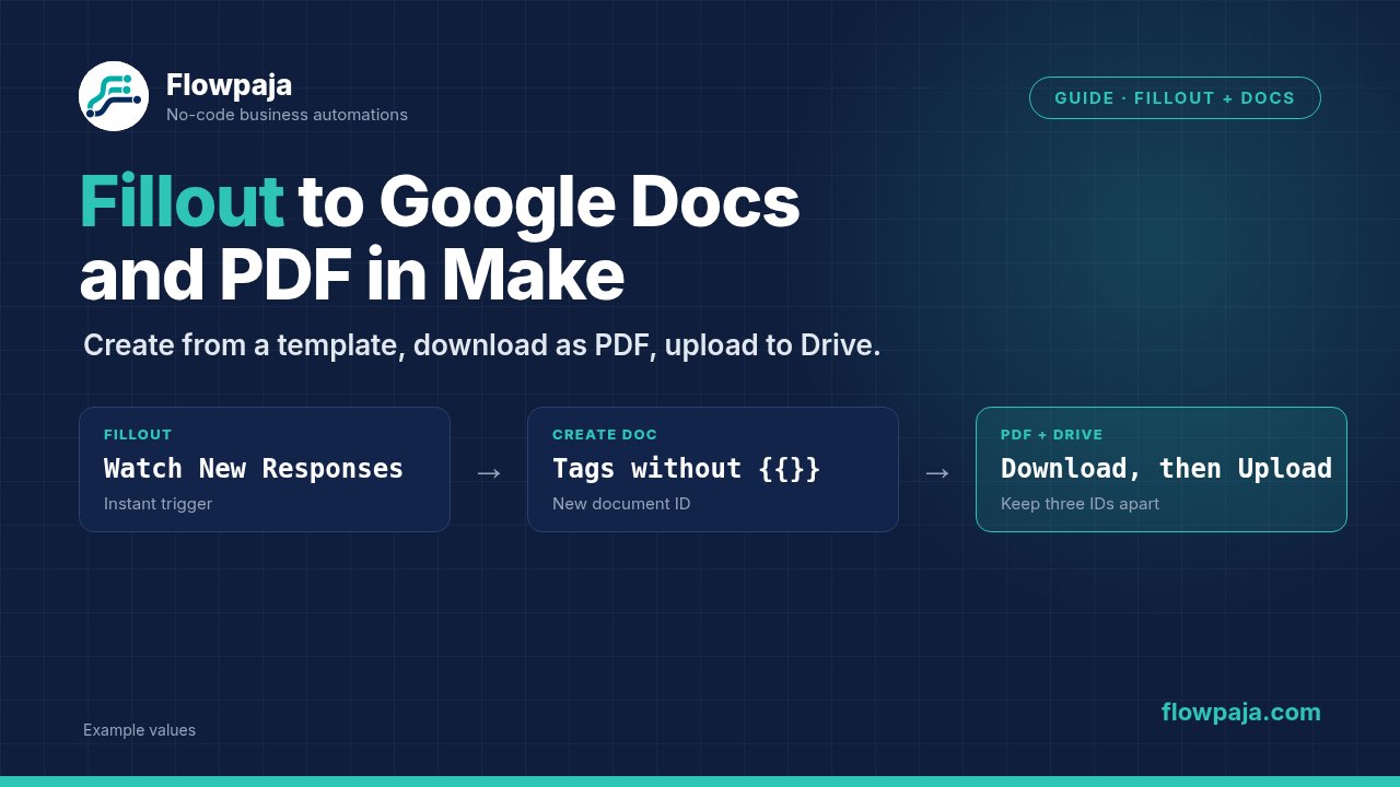 A Fillout Watch New Responses trigger, Create a Document from a Template with tags entered without braces, and Download then Upload keeping the source template ID, new document ID and PDF file ID apart