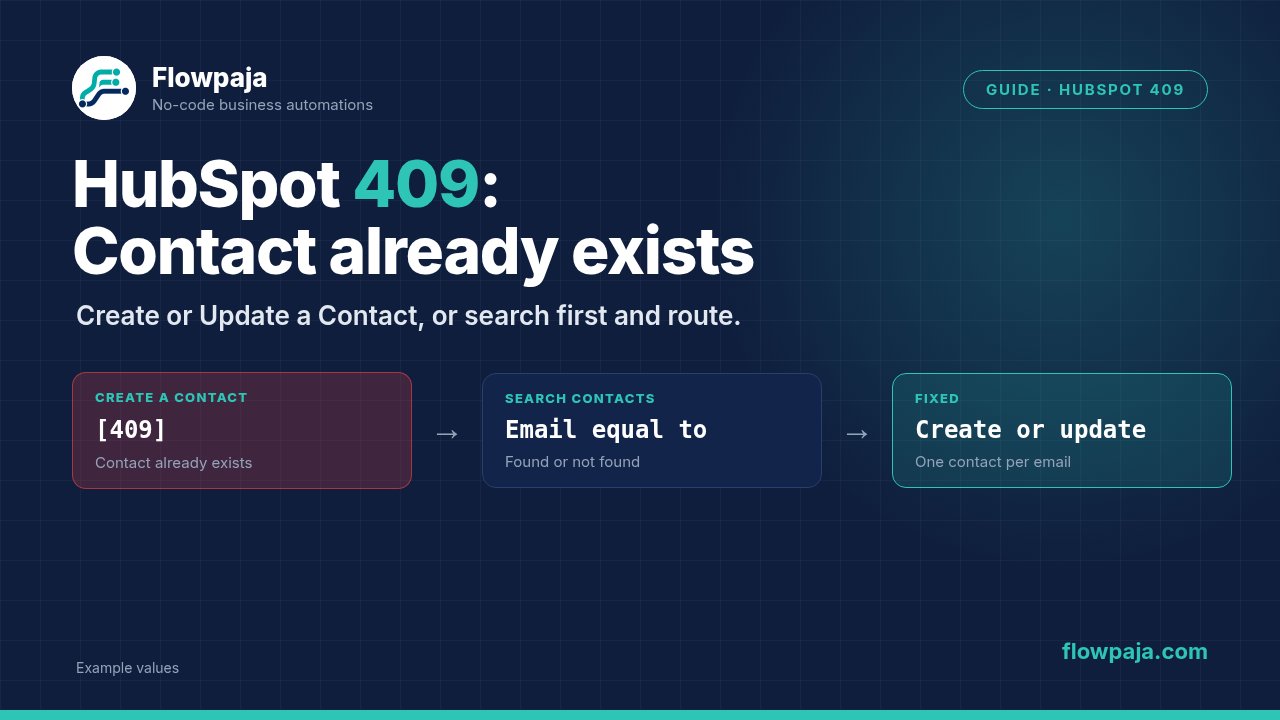 Create a Contact failing with a 409 Contact already exists error, Search for Contacts on the email, and the fix: one contact per email with create or update