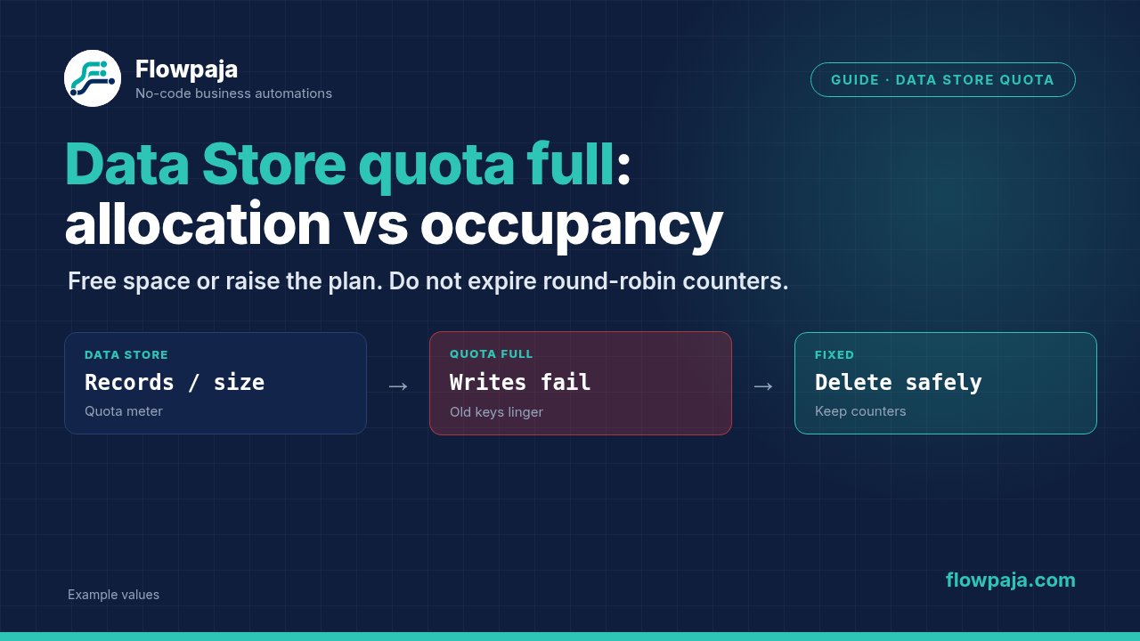 A Make Data Store hitting quota full, distinguishing reserved allocation from actual occupancy, and freeing space without deleting round-robin counters
