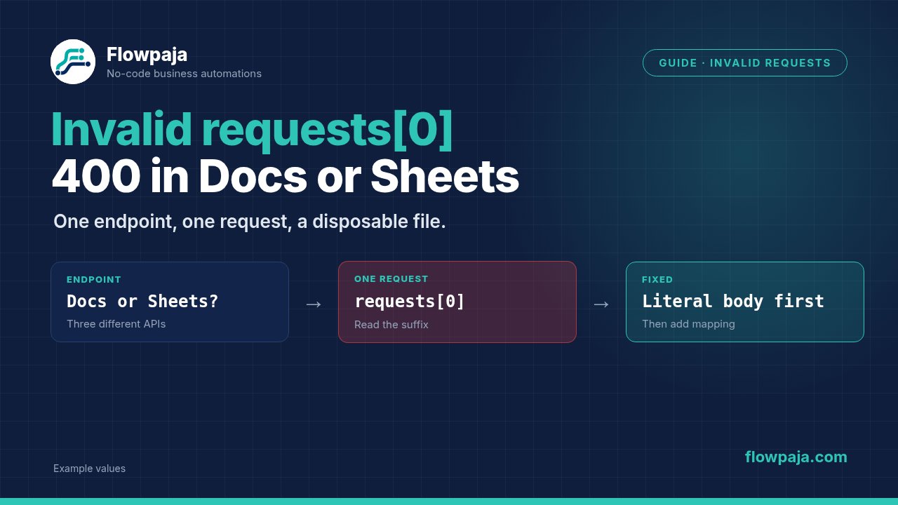 Choosing between the Docs and Sheets batchUpdate endpoints, reading the suffix after Invalid requests[0], and proving a literal one-request body before adding mapped fields