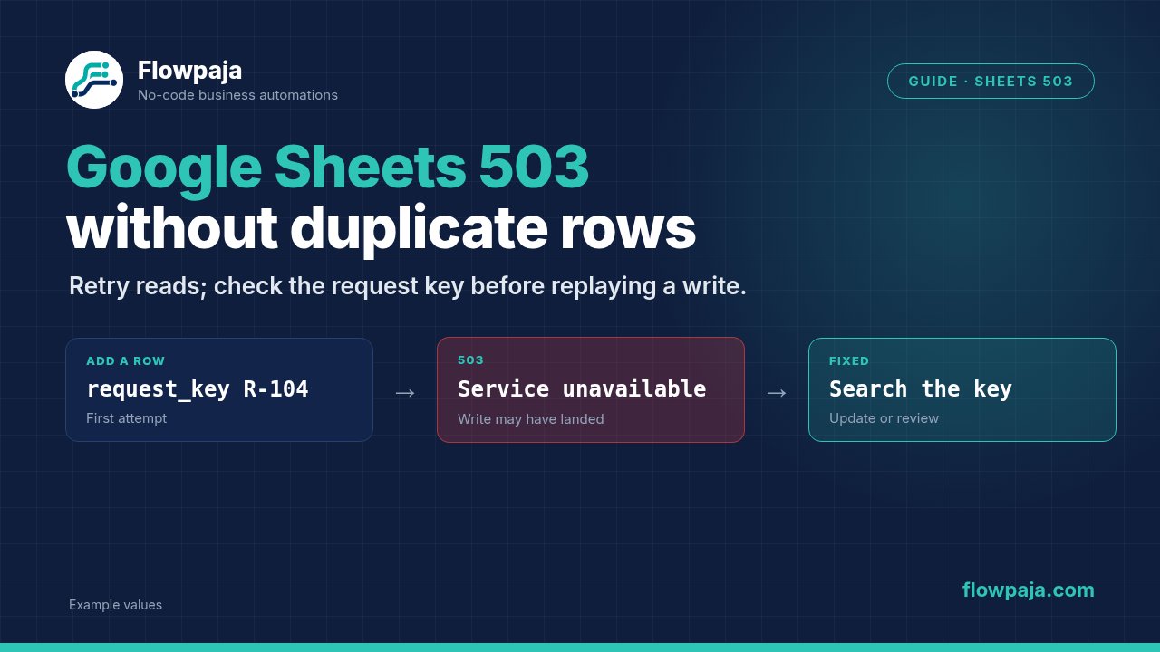 A Google Sheets Add a Row attempt with a request key, a 503 The service is currently unavailable error after which the write may already exist, and the fix: search the key before any replay