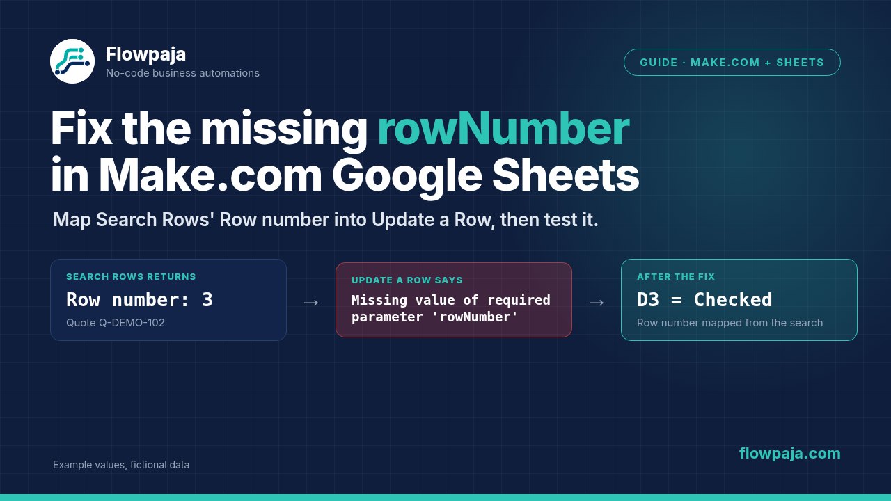 Search Rows returns Row number 3, Update a Row fails with Missing value of required parameter rowNumber, and after mapping Row number the update writes Checked to D3