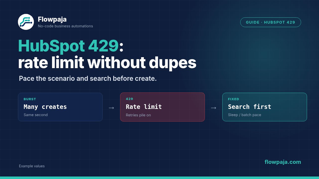 A Make scenario bursting HubSpot Create a Contact calls into a 429 rate limit, then fixing with search-before-create and paced runs so Retry does not create duplicates