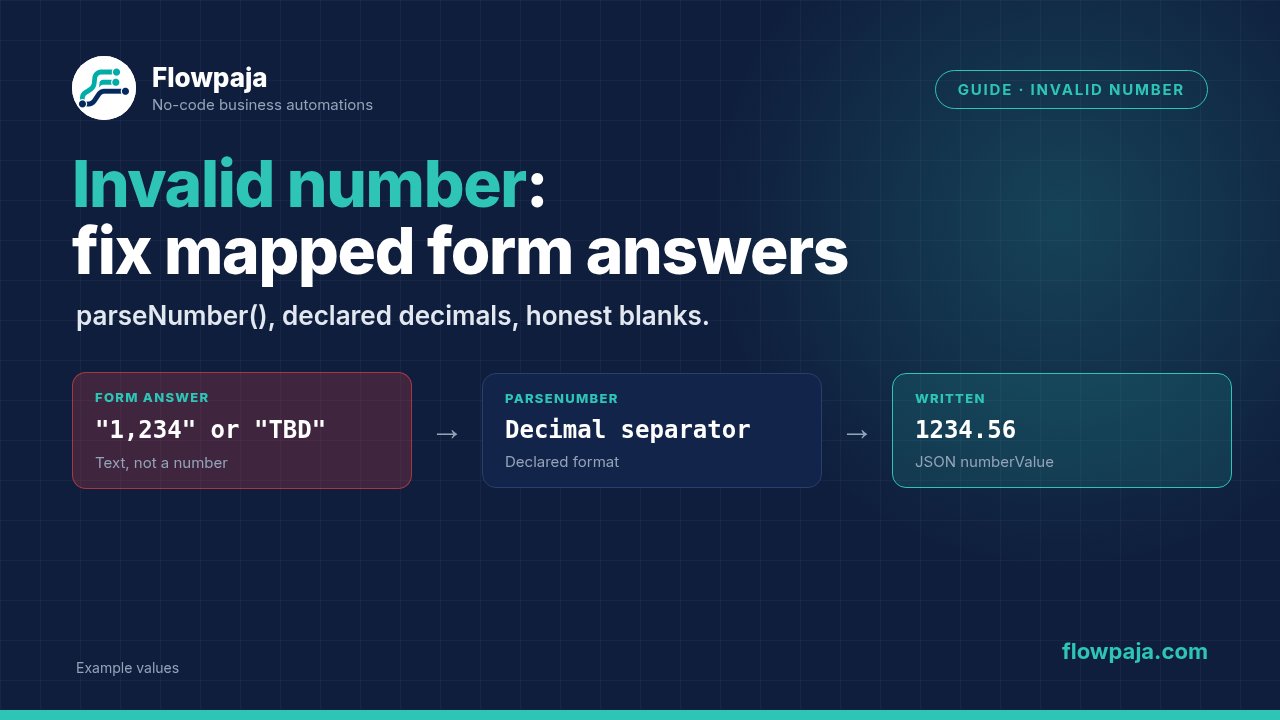 A form answer arriving as text such as 1,234 or TBD, parseNumber with a declared decimal separator, and a clean JSON numberValue written to Sheets