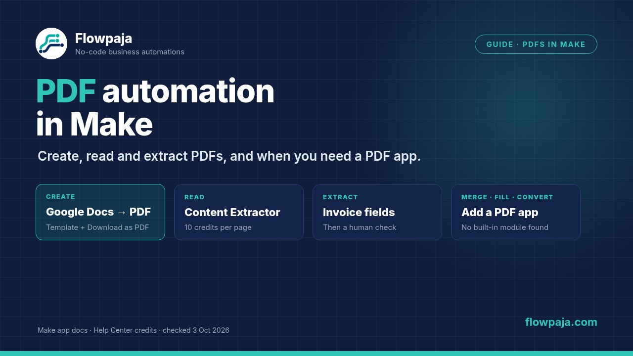 PDF automation in Make: create PDFs from a Google Docs template, read them with Make AI Content Extractor, and add a PDF app to merge, fill or convert