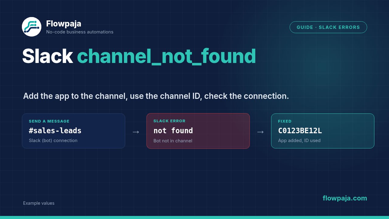 A Make Slack Send a message module posting to a channel, Slack answering channel_not_found because the bot is not a member, and the fix: app added and channel ID used
