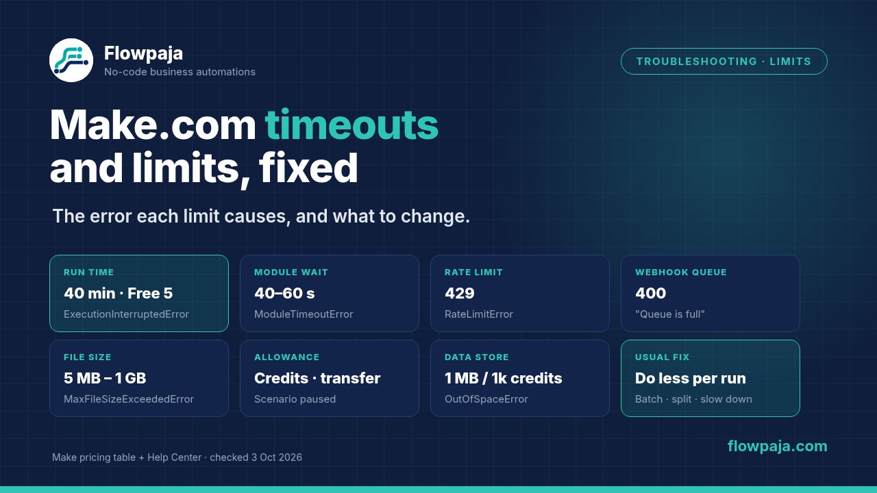 Make.com timeouts and limits: run time, module timeout, rate limit 429, webhook queue, file size and monthly allowance, with the error each one causes