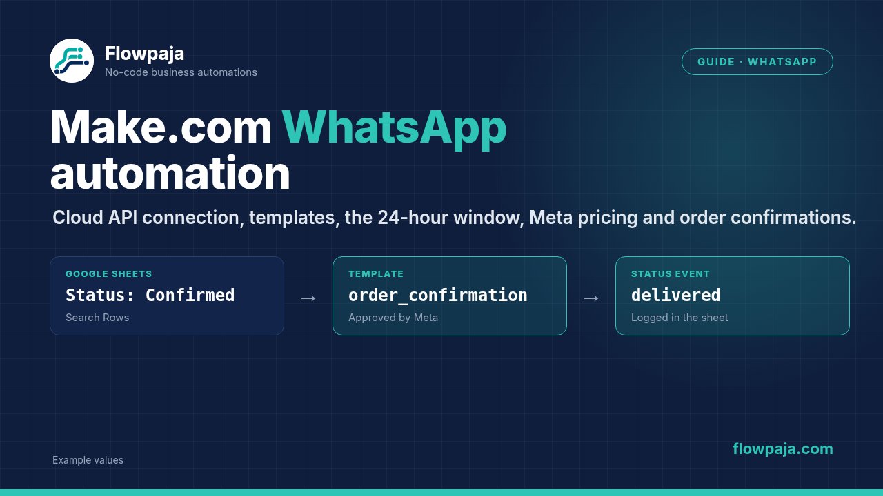 A confirmed order row in Google Sheets, an approved order_confirmation WhatsApp template, and a delivered status event logged back in the sheet