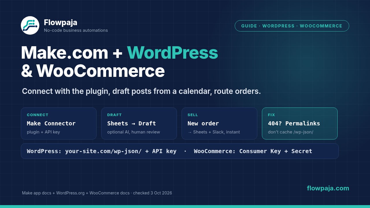 Make.com WordPress and WooCommerce integration: the Make Connector plugin and API key connect WordPress, a Google Sheets calendar creates draft posts, and new WooCommerce orders go to Google Sheets and Slack