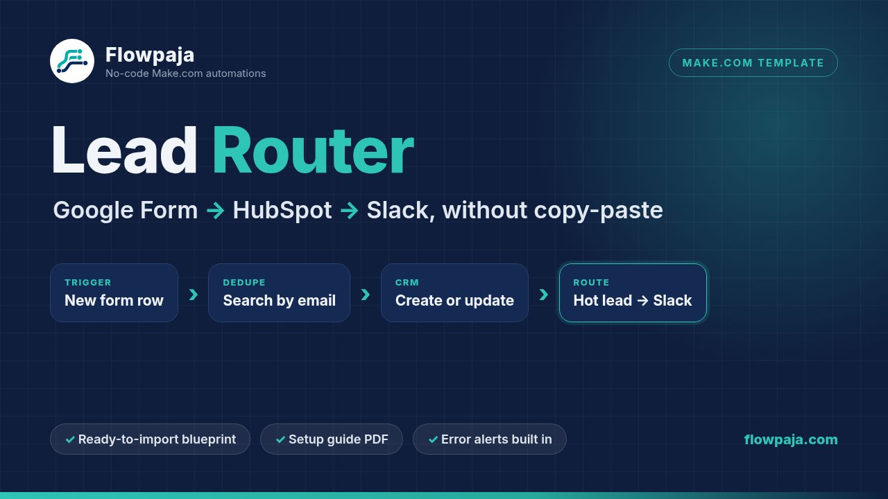 Lead Router flow: new form row, search HubSpot by email, create or update the contact, route hot leads to Slack